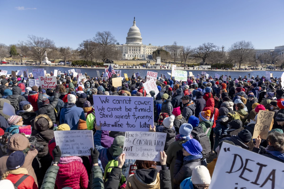 Thousands of people demonstrated at the Presidents Day protest against President Donald Trump and Elon Musk at the U.S. Capitol on Monday in Washington, D.C.