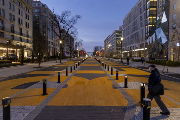 The plaza before construction began. Reconstruction on D.C.'s Black Lives Matter plaza began this morning. The 50-foot long street mural spelling out Black Lives Matter on 16th Street was created during the 2020 protests following the police killing of George Floyd. According to a DDOT statement, work on the plaza will take six to eight weeks to complete. Mayor Bowser said that the plaza will be part of DC's America 250 mural project, "where we will invite students and artists to create new murals across all eight wards."