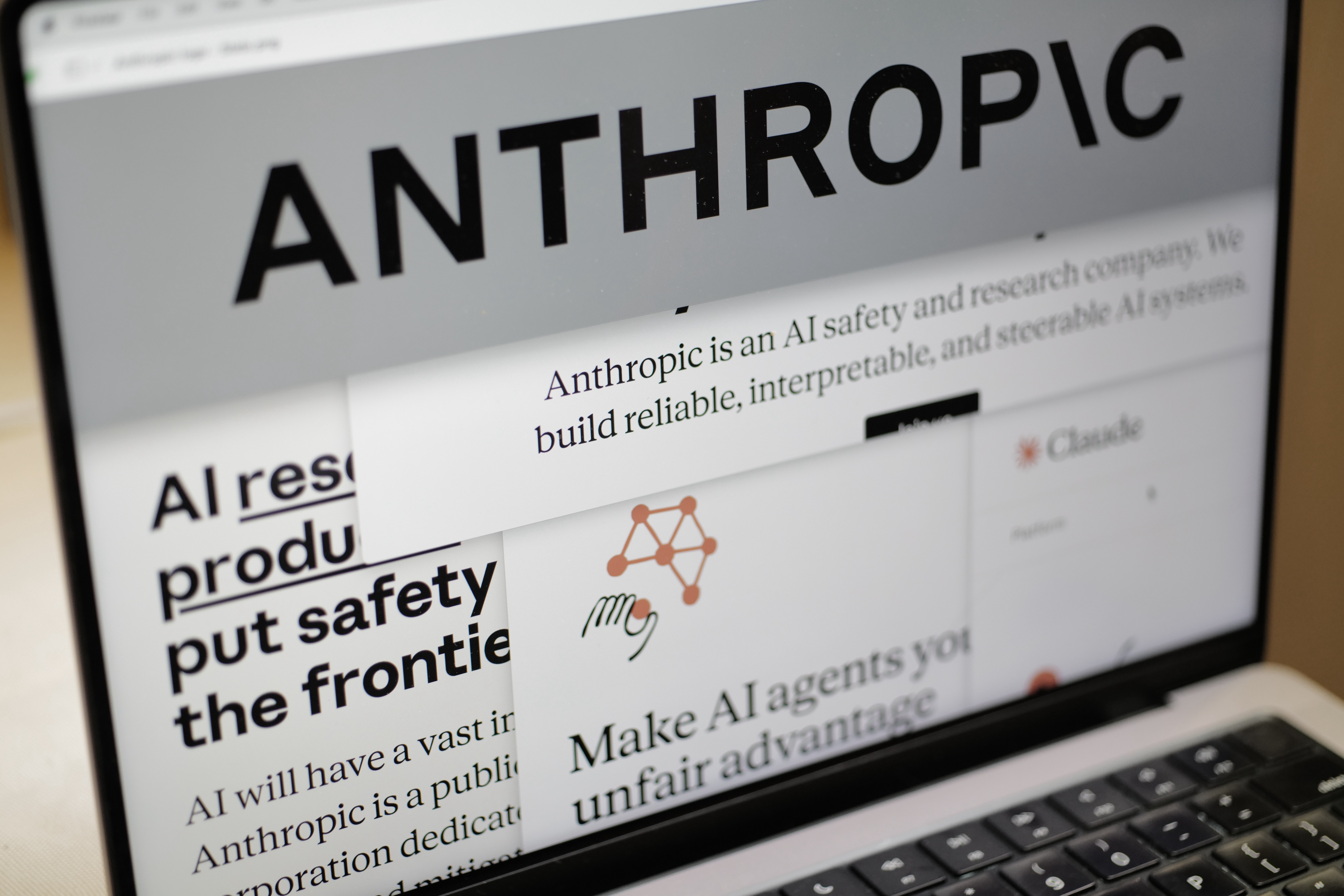 Pages from the Anthropic website and the company's logo are displayed on a computer screen in New York on Thursday, Feb. 26, 2026. (AP)