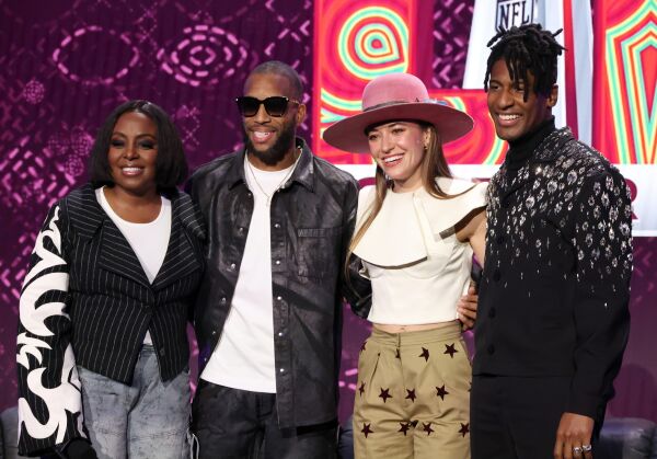 (L-R) Ledisi, Trombone Shorty, Lauren Daigle and Jon Batiste pose onstage during the Super Bowl LVIX Pregame & Apple Music Super Bowl LVIX Halftime Show Press Conference at Ernest N. Morial Convention Center on February 06, 2025 in New Orleans, Louisiana. (Photo by Mike Coppola/Getty Images)