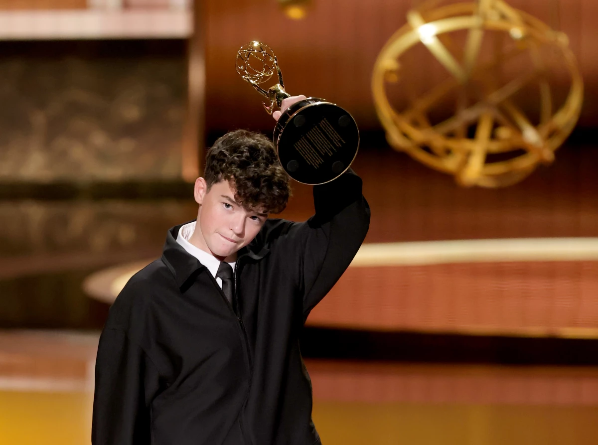 Owen Cooper accepts an Emmy award for his performance in Adolescence.