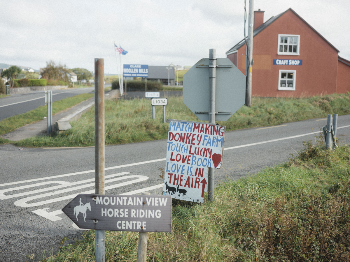 A sign advertises Willie Daly's donkey farm and matchmaking museum on a road near Lisdoonvarna on Sept. 28.
