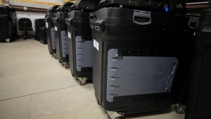Dominion Voting Systems ballot counting machines are lined up at a Torrance County warehouse during a testing of election equipment in Estancia, N.M., on Sept. 29, 2022.