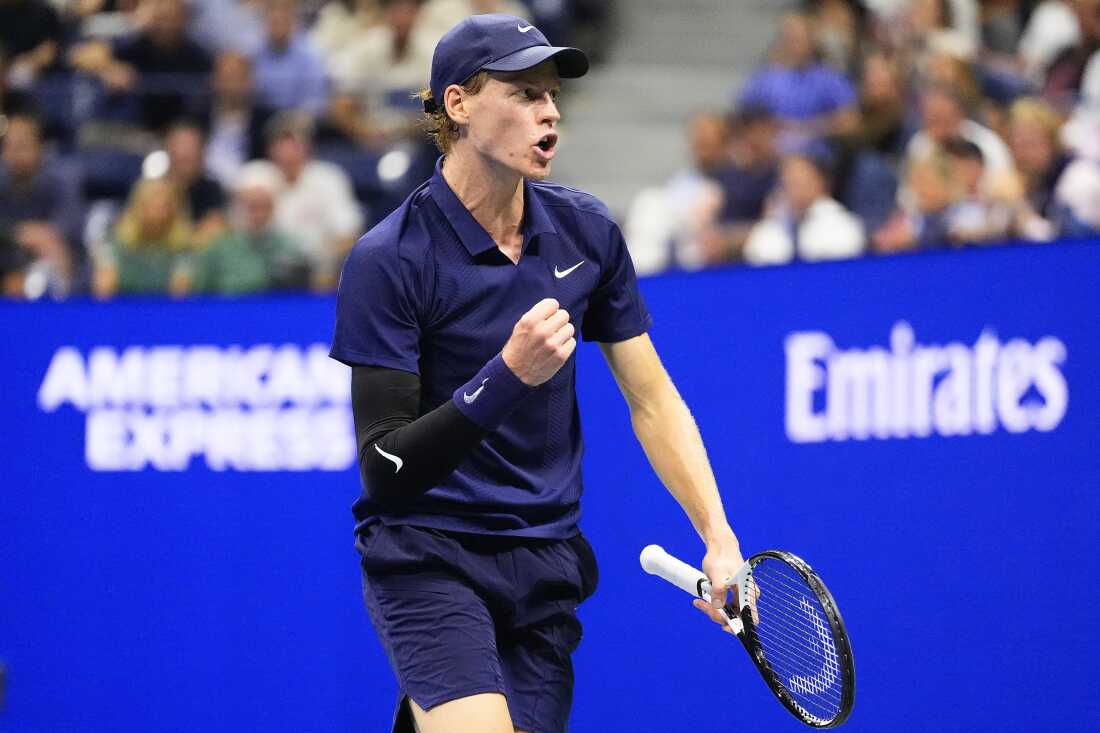 Jannik Sinner, of Italy, reacts after scoring a point against Felix Auger-Aliassime, of Canada, during the men's singles semifinals of the U.S. Open tennis championships, on Friday.