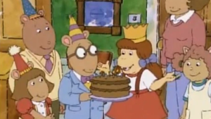 (From left) Dora Winifred "D.W." Read, Allen "The Brain" Powers, Arthur Read, Muffy Crosswire, Jane Read, and Sue Ellen Armstrong celebrating Arthur's birthday.
