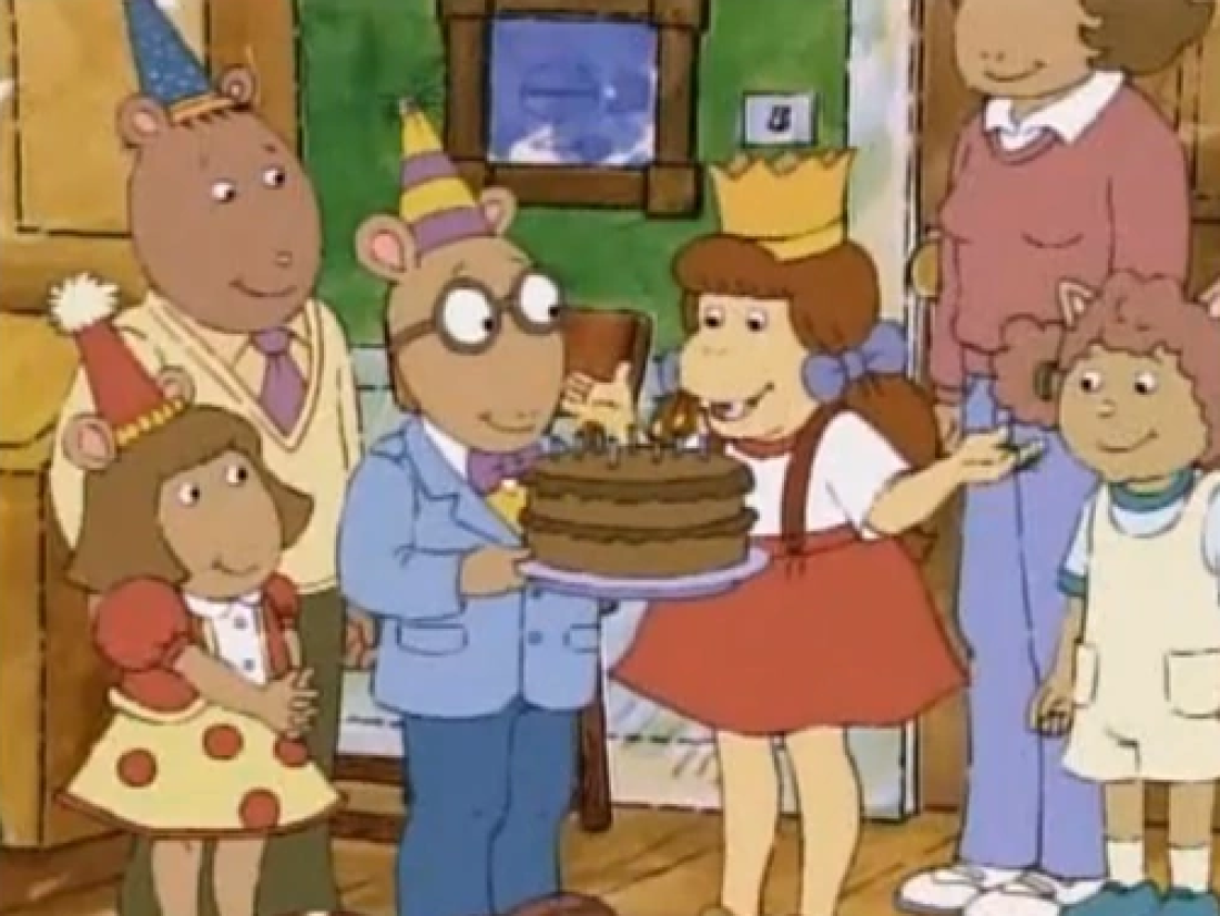 (From left) Dora Winifred "D.W." Read, Allen "The Brain" Powers, Arthur Read, Muffy Crosswire, Jane Read, and Sue Ellen Armstrong celebrating Arthur's birthday.