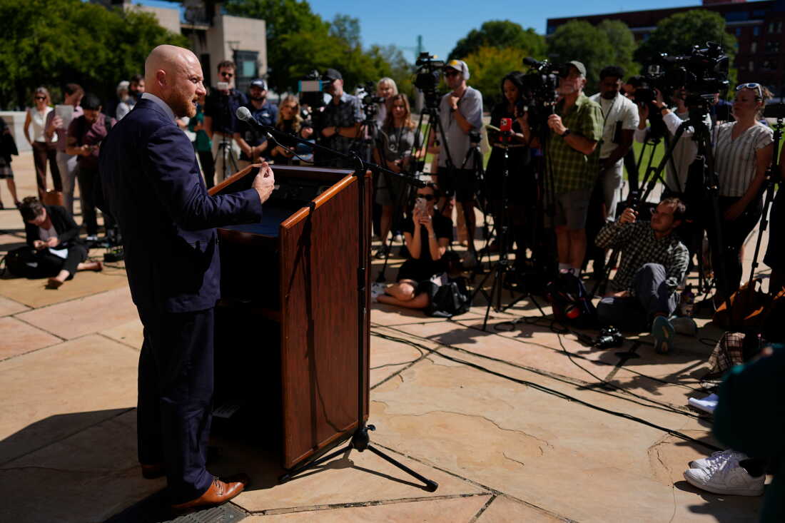 Luke Ihnen, attorney for Christa Pike, speaks during a news conference after a judge ruled the Tennessee Department of Corrections must preserve all evidence related to the failed execution of Pike, Wednesday, Oct. 7, 2026, in Nashville, Tenn.