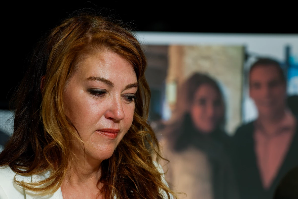 Lonna Drewes reacts during a press conference Tuesday in Beverly Hills, Calif., where she shared allegations of sexual assault against Eric Swalwell.