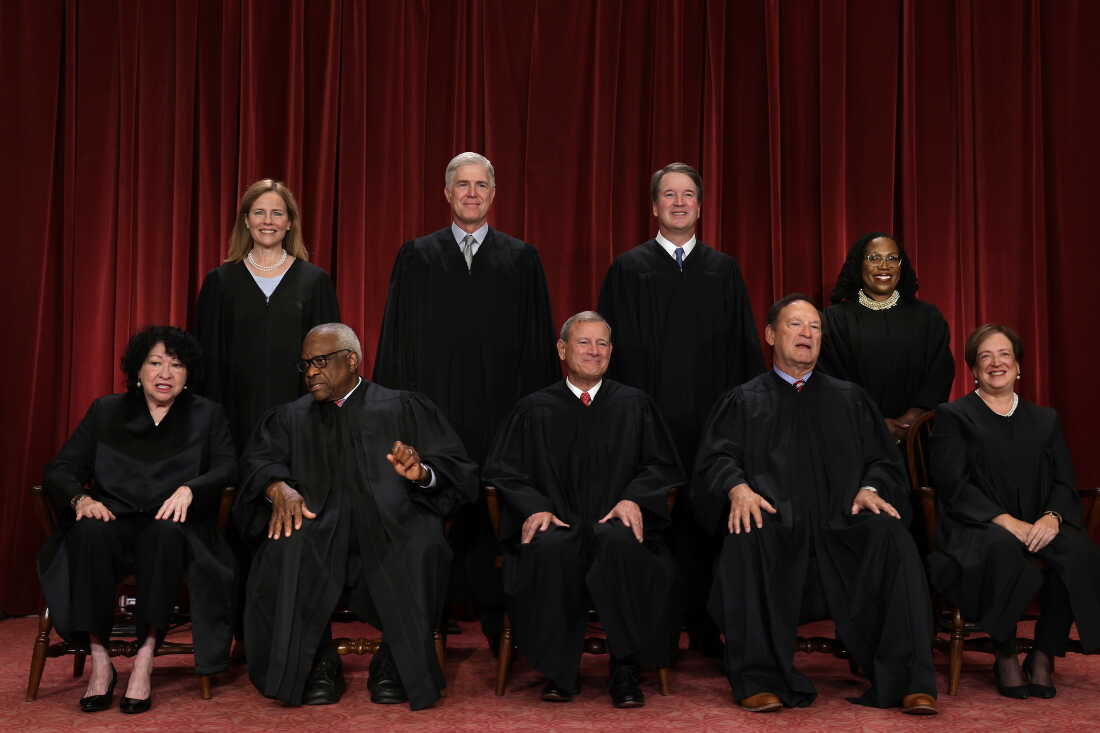 Four of the nine Supreme Court justices — seen here in their 2022 official portrait — recused themselves from a music copyright case this week, meaning there was no quorum to hear the matter.