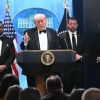 President Donald speaks, flanked by FBI Director Kash Patel, Secretary of Homeland Security Markwayne Mullin, and Acting Attorney General Todd Blanche, during a press briefing shortly after a shooting incident at the White House Correspondents' Dinner on April 25, 2026.