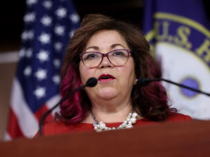 Rep. Linda Sánchez, D-Calif., chairs BOLD PAC. She says content creators can help bridge a gap for her party. Above, Sanchez speaks on immigration at the U.S. Capitol on May 10, 2023.