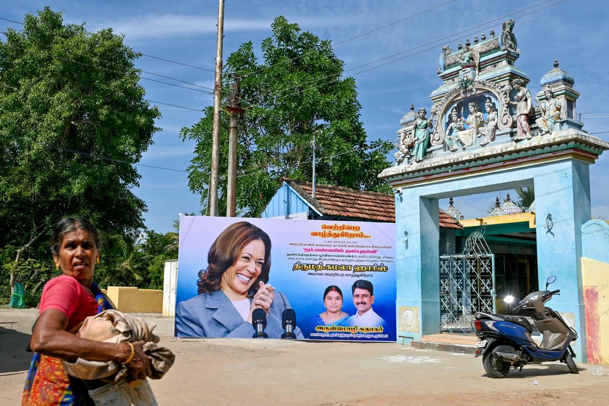 A poster shows U.S. Vice President Kamala Harris in her ancestral village of Thulasendrapuram in the Indian state of Tamil Nadu on July 23, after President Biden stepped down as the Democratic Party nominee for president and endorsed Harris.