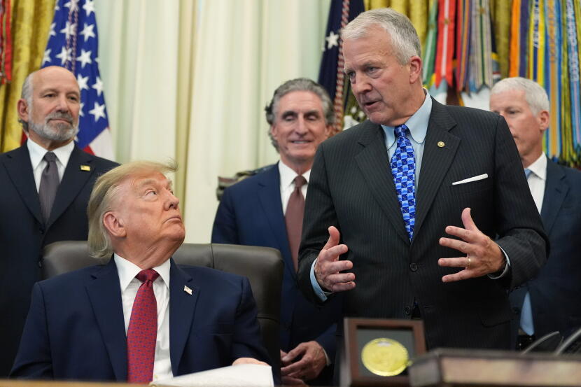 Sen. Dan Sullivan, R-Alaska, speaks in the Oval Office of the White House, Wednesday, Sept. 30, 2026, in Washington, as President Donald Trump, Commerce Secretary Howard Lutnick, Interior Secretary Doug Burgum and Energy Secretary Chris Wright listen.