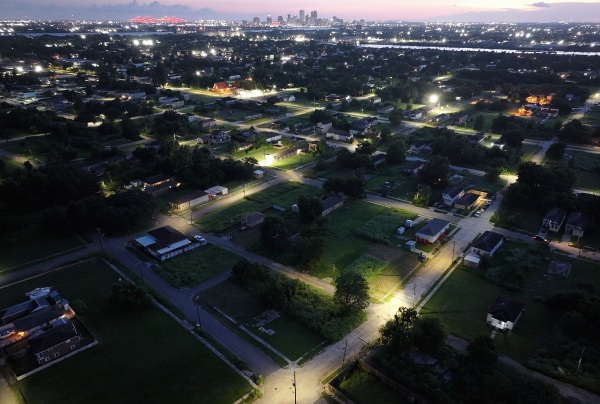 An aerial view of rebuilt homes amid vacant lots where homes once stood in the Lower Ninth Ward on Aug. 09, 2025, in New Orleans. Twenty years after Hurricane Katrina swamped New Orleans and the Gulf Coast region flooding out thousands of homes and killing more than 1,400 people.