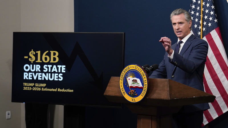 Calif. Gov. Gavin Newsom presents his revised 2025-2026 state budget during a news conference in Sacramento, Calif., Wednesday, May 14, 2025.