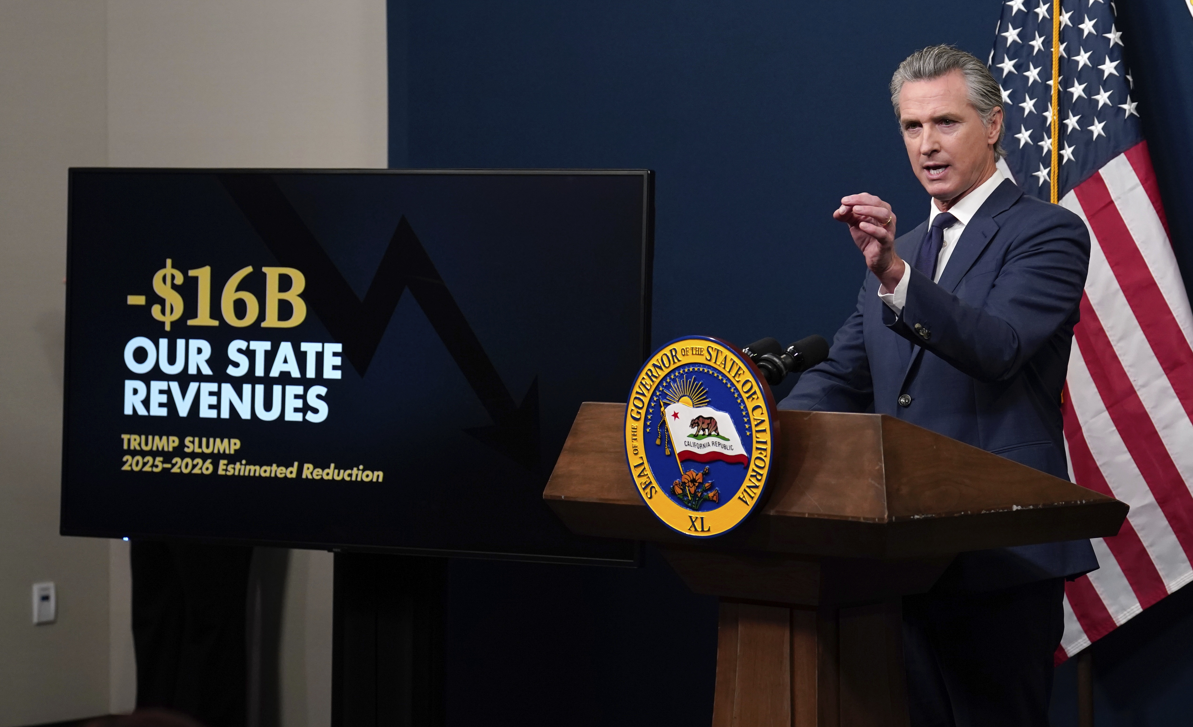 Calif. Gov. Gavin Newsom presents his revised 2025-2026 state budget during a news conference in Sacramento, Calif., Wednesday, May 14, 2025.