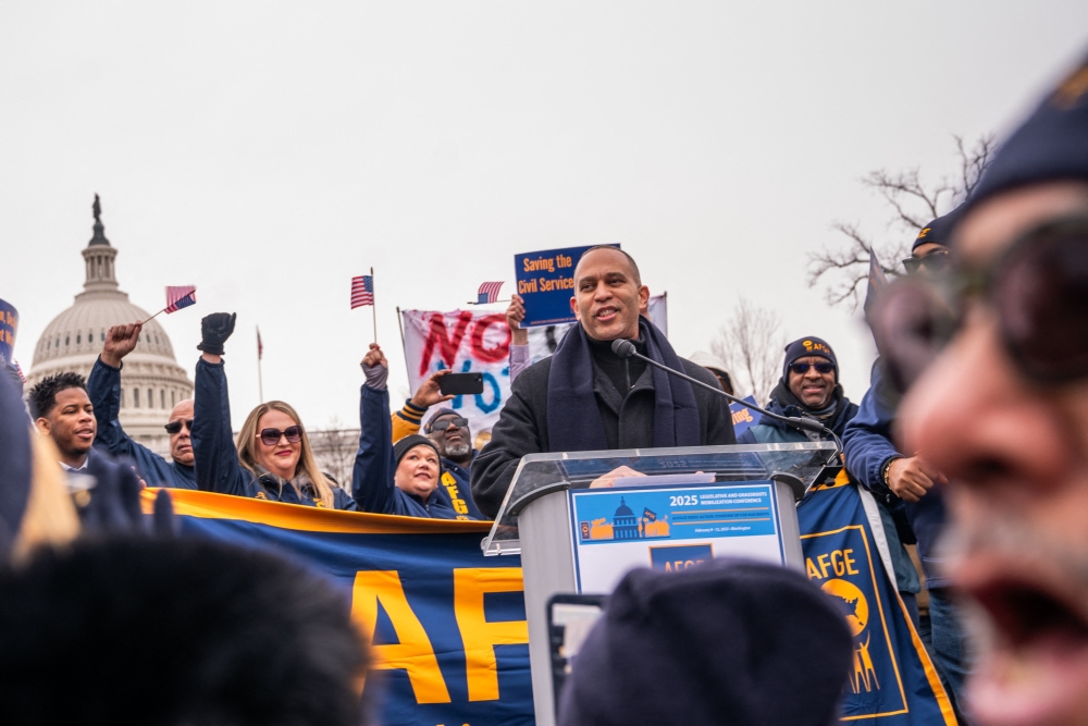 House Minority Leader Hakeem Jeffries, D-N.Y., speaks at a rally hosted by the American Federation of Government Employees outside the U.S Capitol on Feb. 11. (AFP via Getty Images)