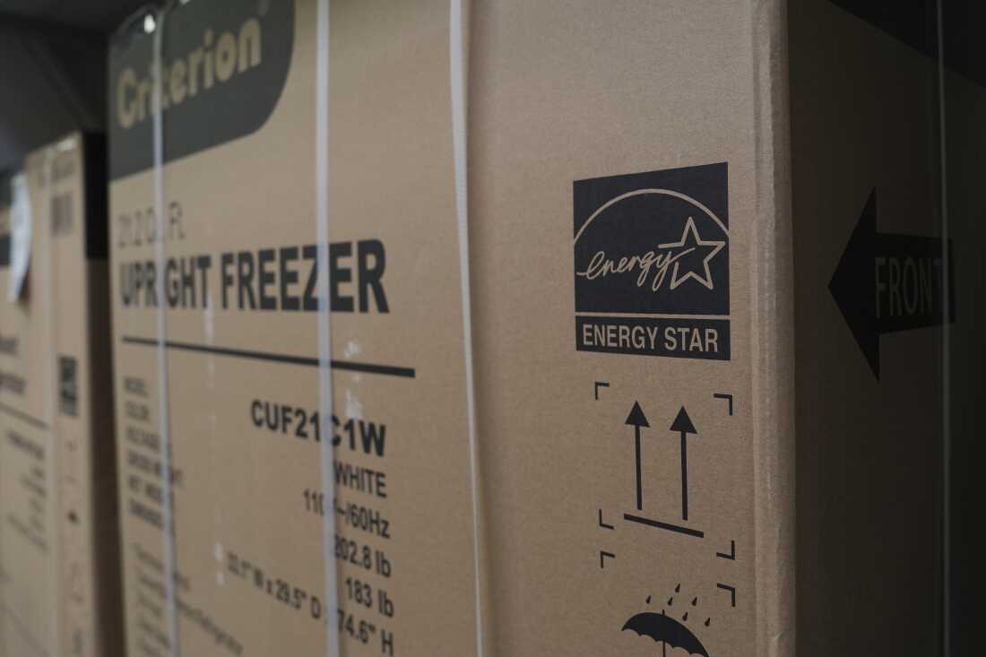 An Energy Star logo is displayed on a box for a freezer Jan. 21, 2025, in Evendale, Ohio.