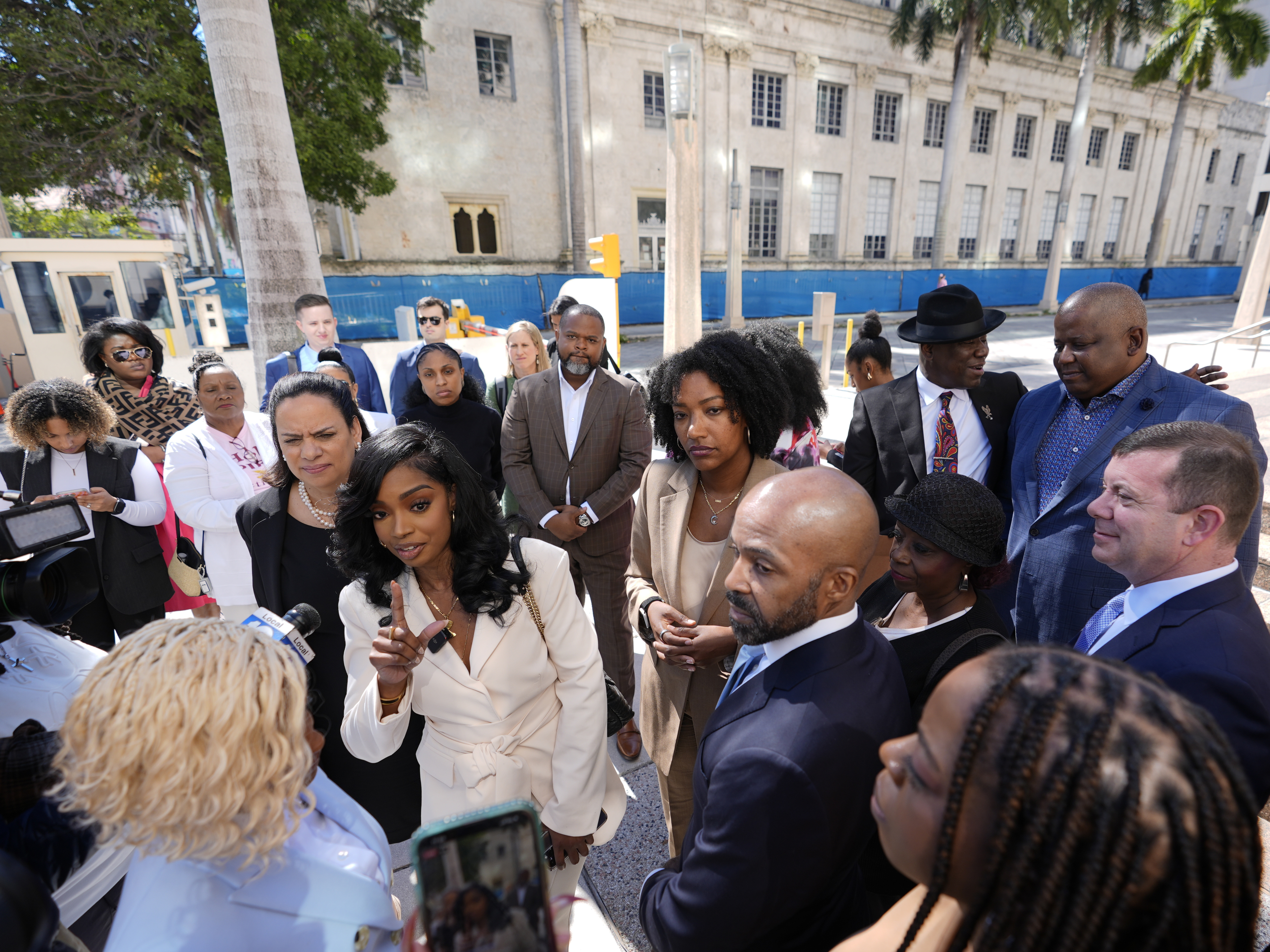Co-founders and CEOs of The Fearless Fund, Arian Simone and Ayana Parsons, speak to journalists outside federal court in Miami in January. A U.S. federal court of appeals panel suspended the venture capital firm