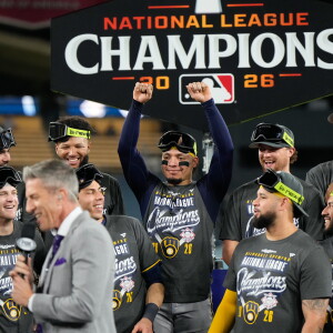 The Milwaukee Brewers celebrate after Game 4 of baseball's National League Championship Series between the Milwaukee Brewers and the Los Angeles Dodgers, Thursday, Oct. 15, 2026, in Los Angeles.