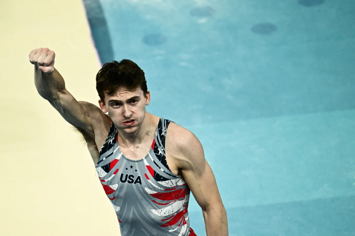 Nedoroscik celebrates after competing in the pommel horse event, the last even of the men's team final on Monday.