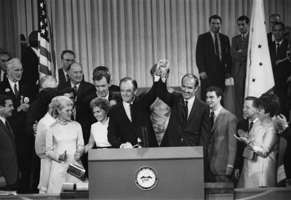 American politician Hubert Humphrey and defeated nominee, American politician George McGovern after Humphrey had been nominated as the 1968 presidential election on the final day of the 1968 Democratic National Convention, held at the International Amphitheatre in Chicago, Aug. 29, 1968.