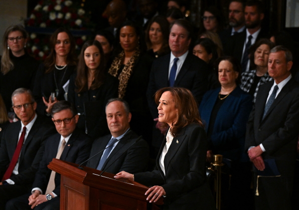 Vice President Harris delivers a eulogy at the Lying in State Ceremony for former President Jimmy Carter at the Capitol Rotunda in Washington, D.C., on Jan. 7.