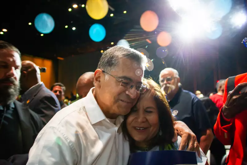 California Democratic gubernatorial candidate Xavier Becerra hugs a supporter at the Long Beach Arena on May 31 in Long Beach, Calif.