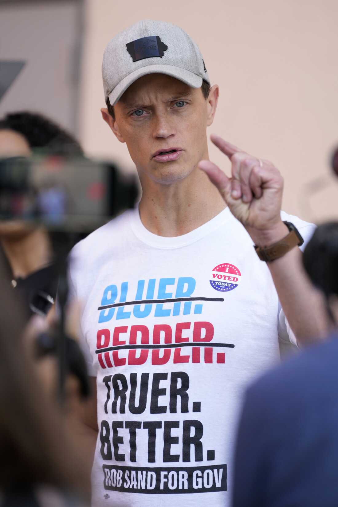 Iowa Democratic gubernatorial candidate Rob Sand speaks to the media after casting his primary ballot June 2, 2026 in Des Moines, Iowa.