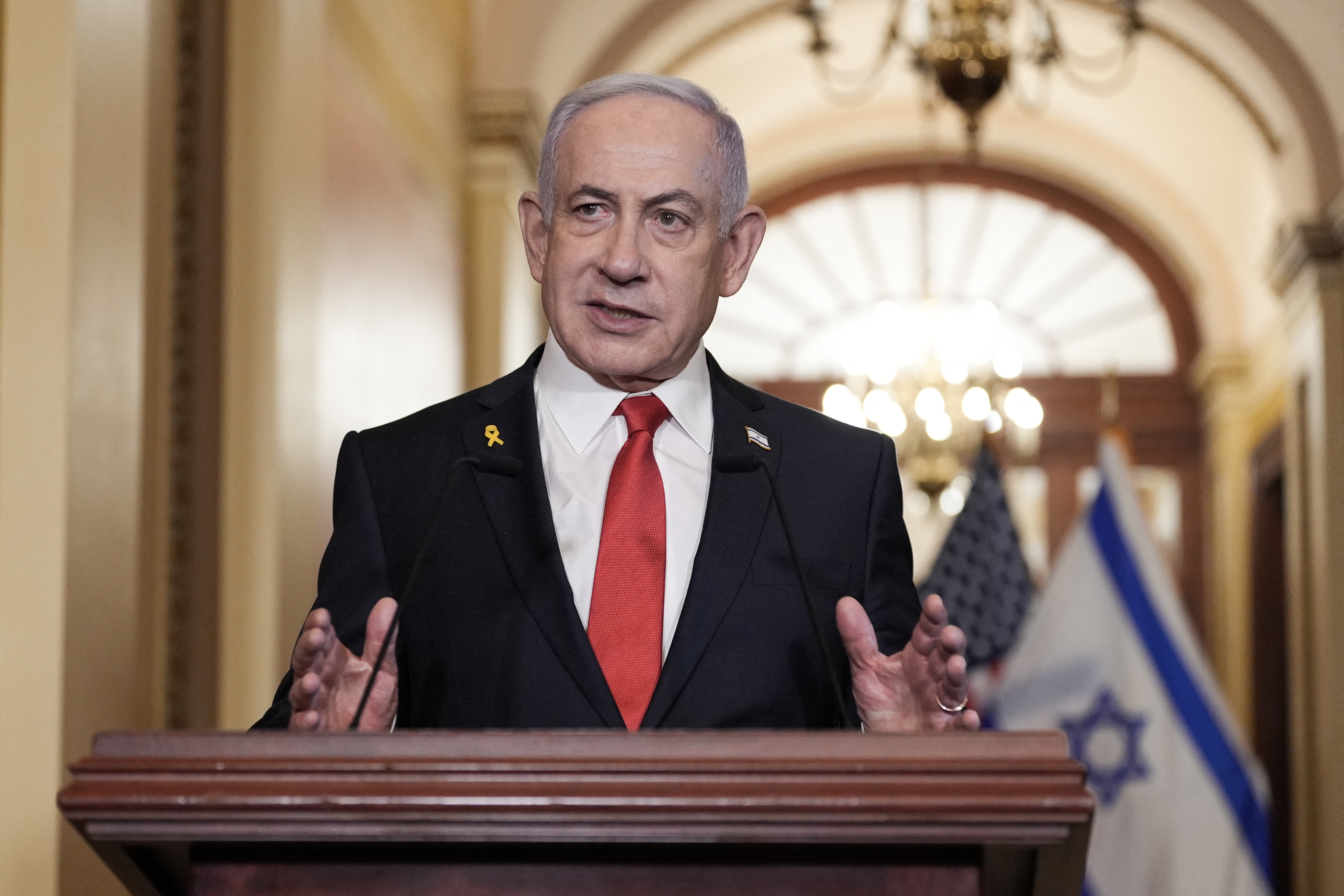 Israeli Prime Minister Benjamin Netanyahu speaks to the press at the U.S. Capitol, Feb. 7.