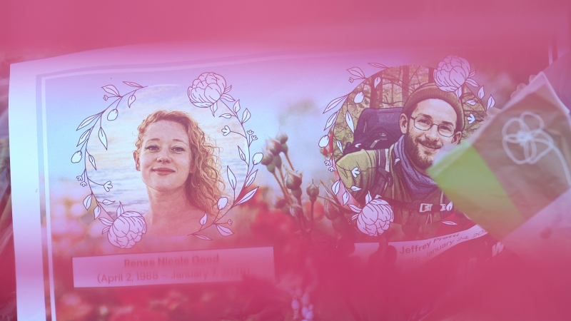 Images of Renee Macklin Good (left) and Alex Pretti, who were both shot and killed by federal immigration officers, are seen at a makeshift memorial at the site where Pretti was killed in Minneapolis.