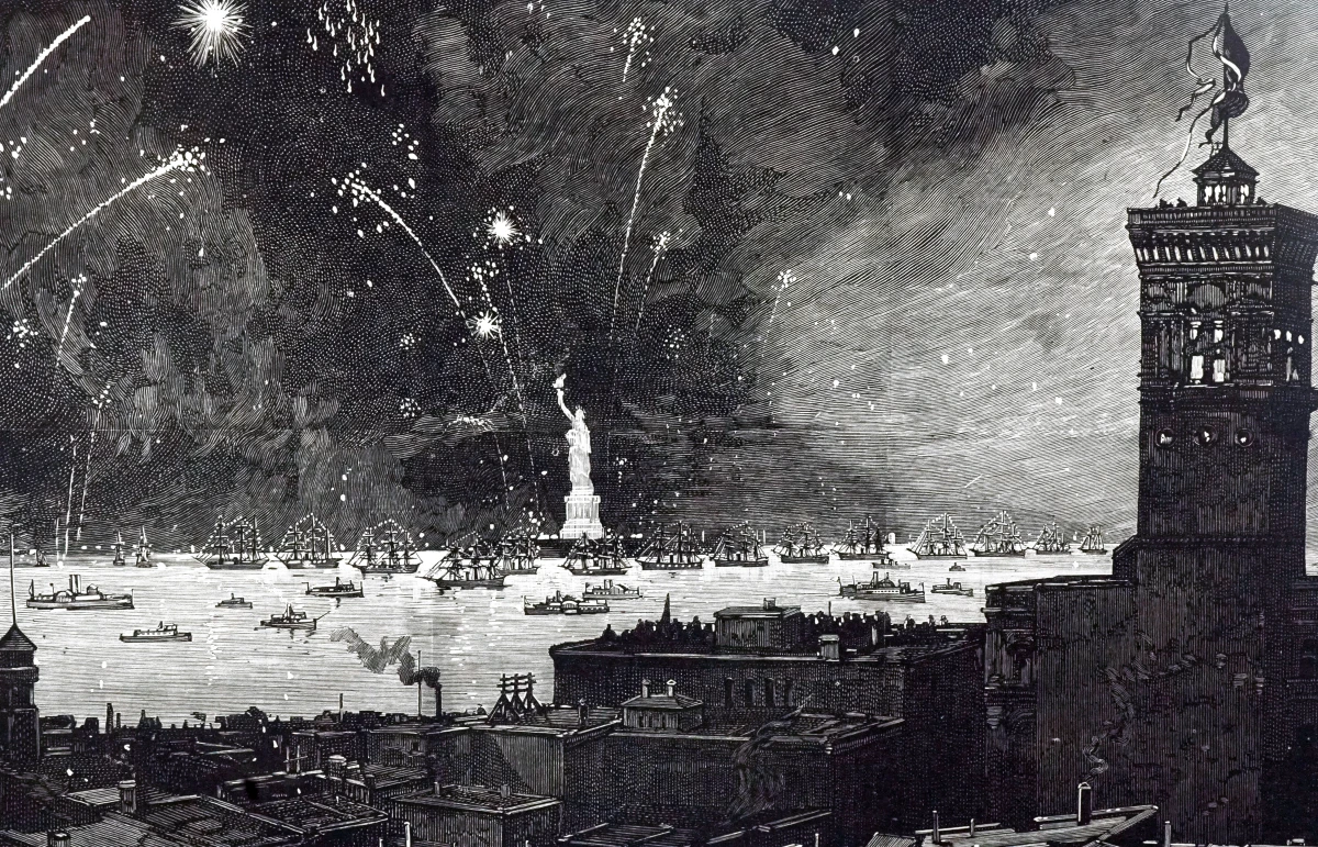 An engraving depicting the fireworks display at the inauguration of the Statue of Liberty in 1886.