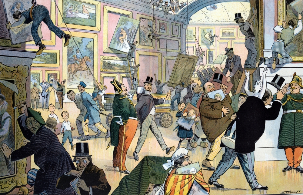 <em>Daily Scene in the Louvre</em>, a 1911 cartoon by Samuel Ehrhart, shows patrons blatantly stealing works from the museum after an inventory at the time found that over 300 canvases were missing. (Getty Images)