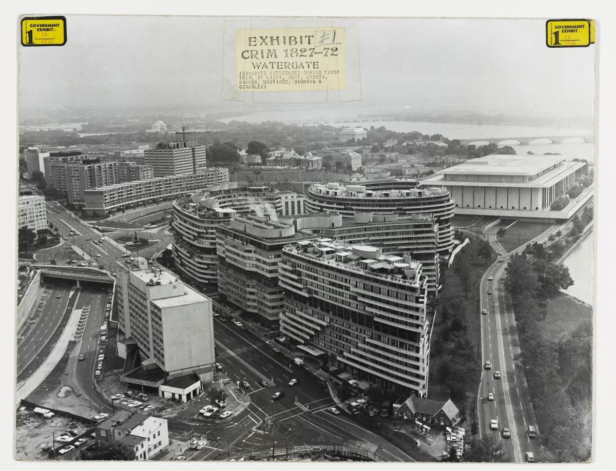 The Watergate complex (center) of offices, apartments and hotel is shown with affixed evidence stickers from the trial of the so-called Watergate Seven), Washington D.C., 1972. The trial -- which began in January 1973 -- was related to the June 17, 1972 break-in at the Democratic National Committee headquarters, located in the complex, and which, ultimately, lead to the resignation of President Richard Nixon.
