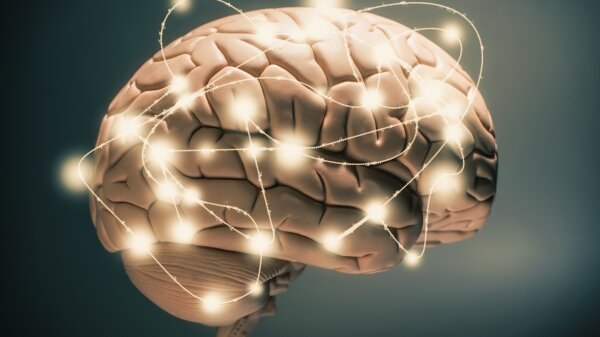 A model of a human brain with glowing lights around it.