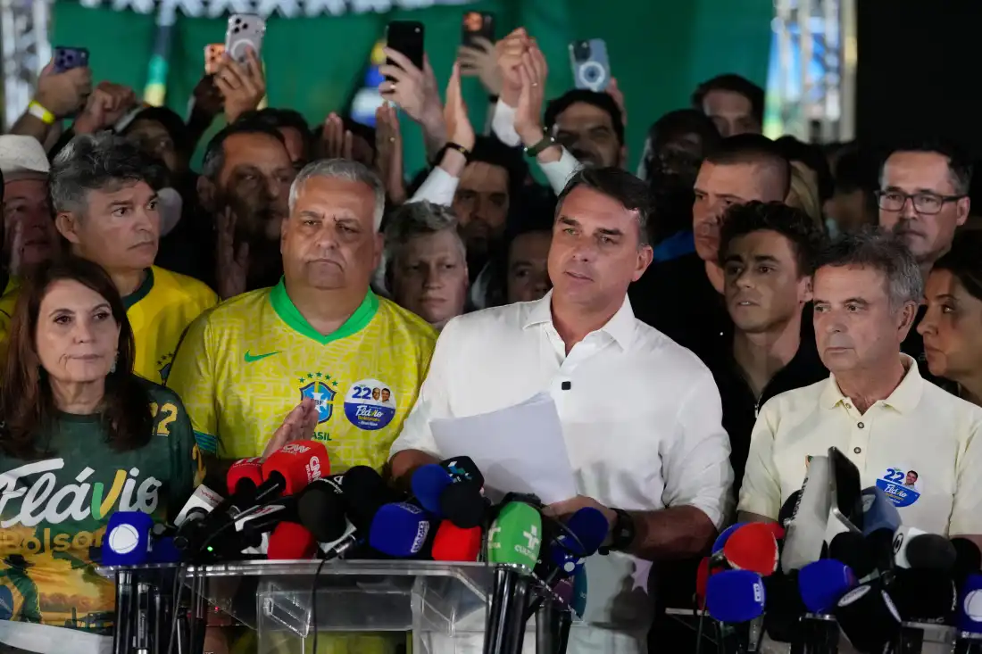 Opposition presidential candidate Sen. Flavio Bolsonaro speaks after the presidential runoff in , Brazil, Sunday, Oct. 25, 2026.