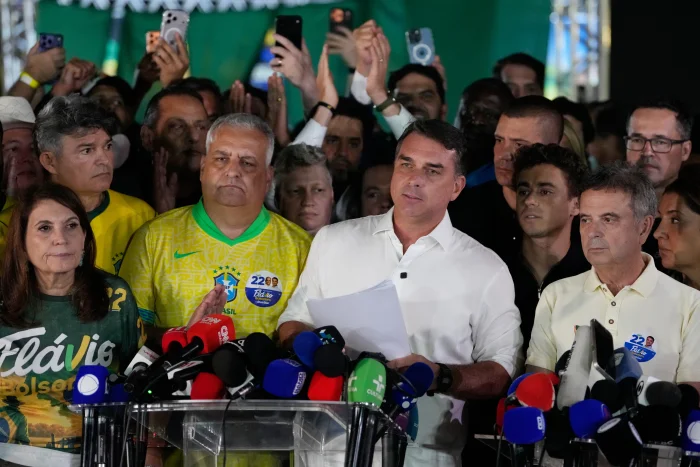 Opposition presidential candidate Sen. Flavio Bolsonaro speaks after the presidential election runoff in Brasilia, Brazil, Oct. 25, 2026.