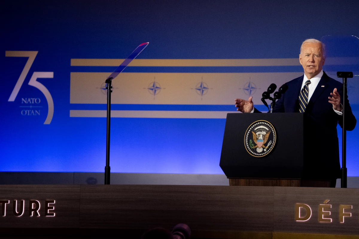 President Biden speaks during a NATO 75th anniversary celebratory event at the Andrew Mellon Auditorium on July 9 in Washington, D.C.