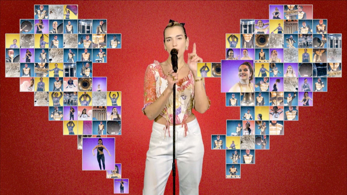Dua Lipa performs alongside images of graduates in a screengrab of an image from a May 16, 2020 live streamed event celebrating the high school class of 2020.