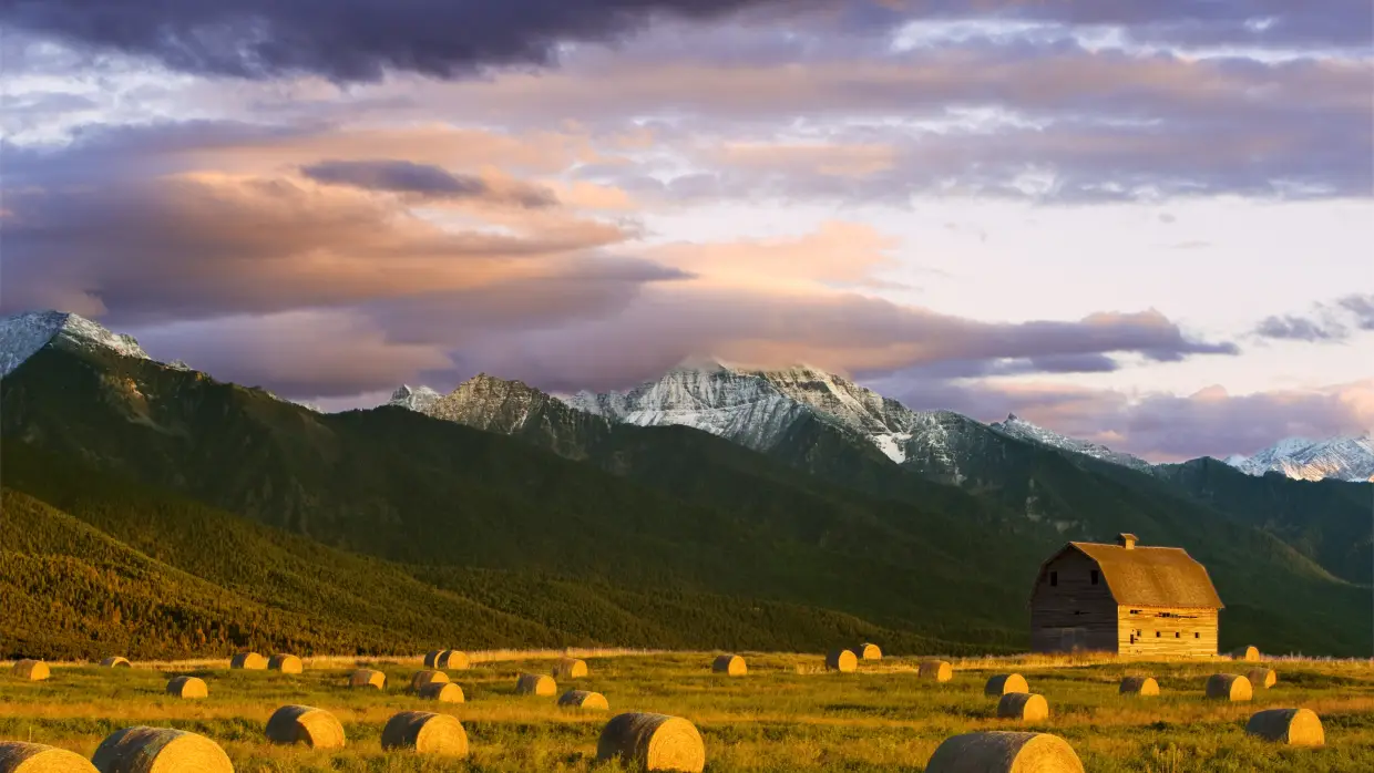 A field of hay bales frame an old western wooden barn with the dramatic Mission Mountain Range in the background near Pablo, Montana.