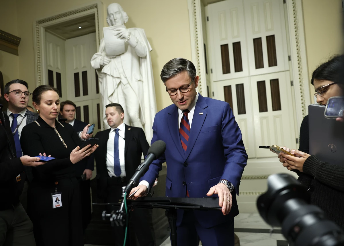 House Speaker Mike Johnson (R-LA) speaks to reporters outside of the House Chambers in the U.S. Capitol in Washington, D.C., on Dec. 19, 2024.