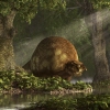 This illustration shows a glyptodont, a giant, armadillo-like shelled mammal that went extinct about 10,000 years ago. With a large humped shell on its back, the animal is standing near a stream and is surrounded by dense green foliage, including trees and ferns.