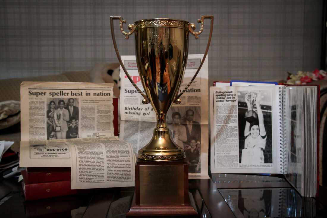 Balu Natarajan won the Scripps National Spelling Bee in 1985. Shown are his trophy and newspaper clippings detailing his win.