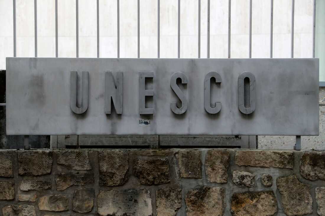 A picture taken on Oct. 12, 2017 shows the logo of the United Nations Educational, Scientific and Cultural Organization (UNESCO) headquarters in Paris.