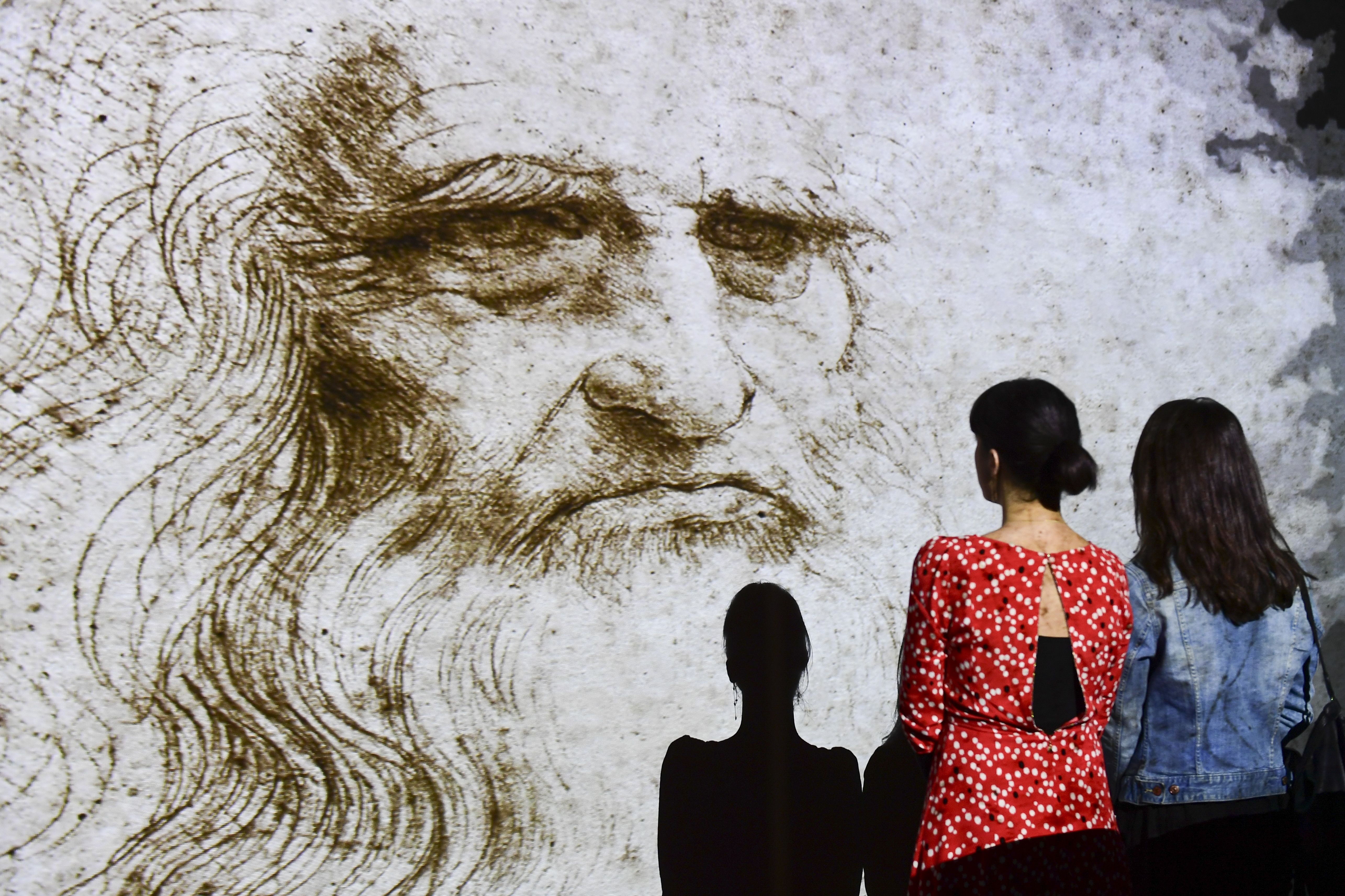 People watch a hologram called "Studio di uomo barbuto" (study of bearded man) during a Leonardo da Vinci multimedia installation in Milan in 2019.