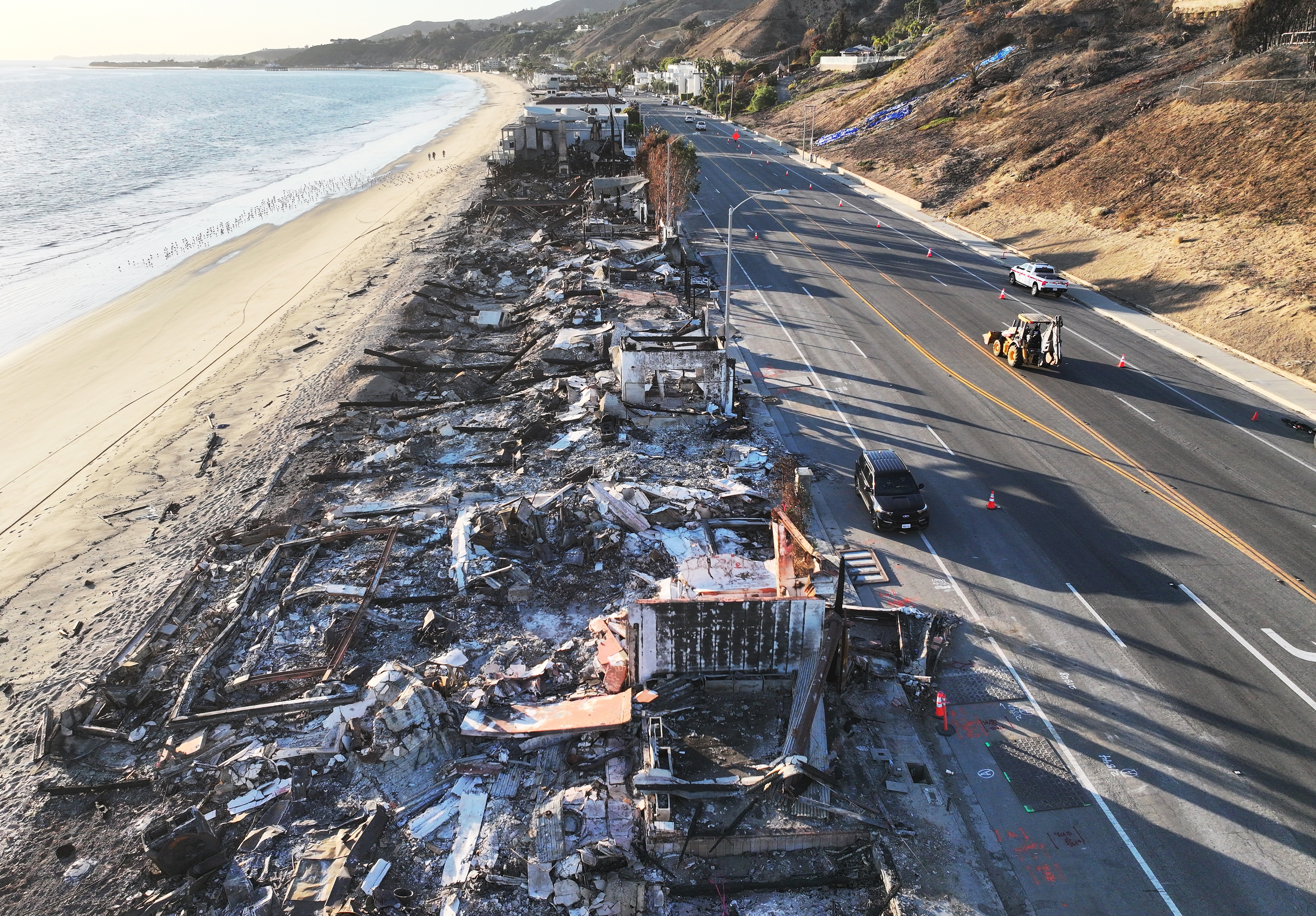 An aerial view of beachfront homes that burned in the Palisades Fire in Malibu, Calif. on Jan. 15, 2025. Pro-Kremlin social media accounts have spread baseless claims that Ukrainian military officials owned mansions that were destroyed in the fires that swept the Los Angeles region.