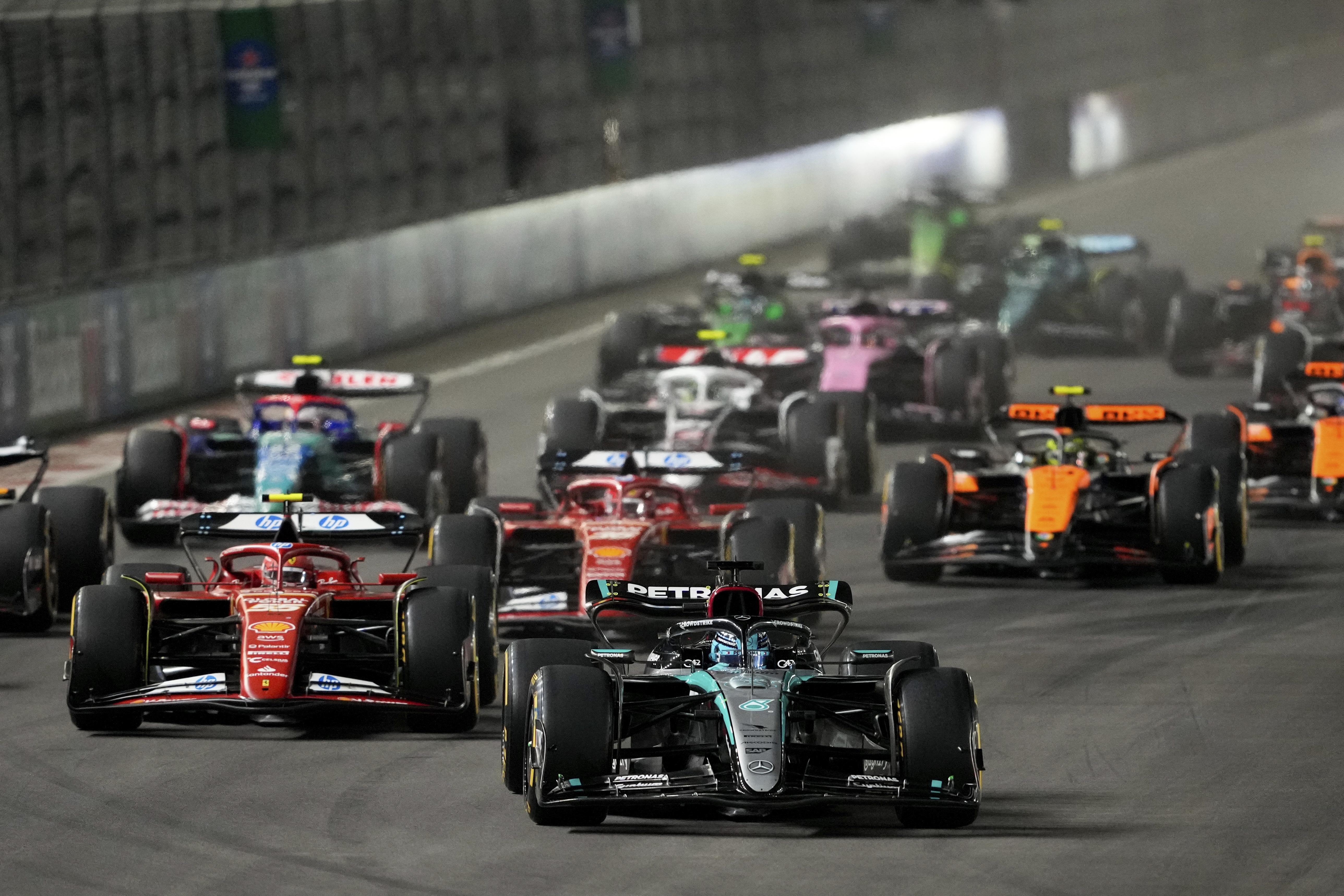 Mercedes driver George Russell, of Britain, leads the field during the F1 Las Vegas Grand Prix auto race, Sunday, Nov. 24, 2024, in Las Vegas.