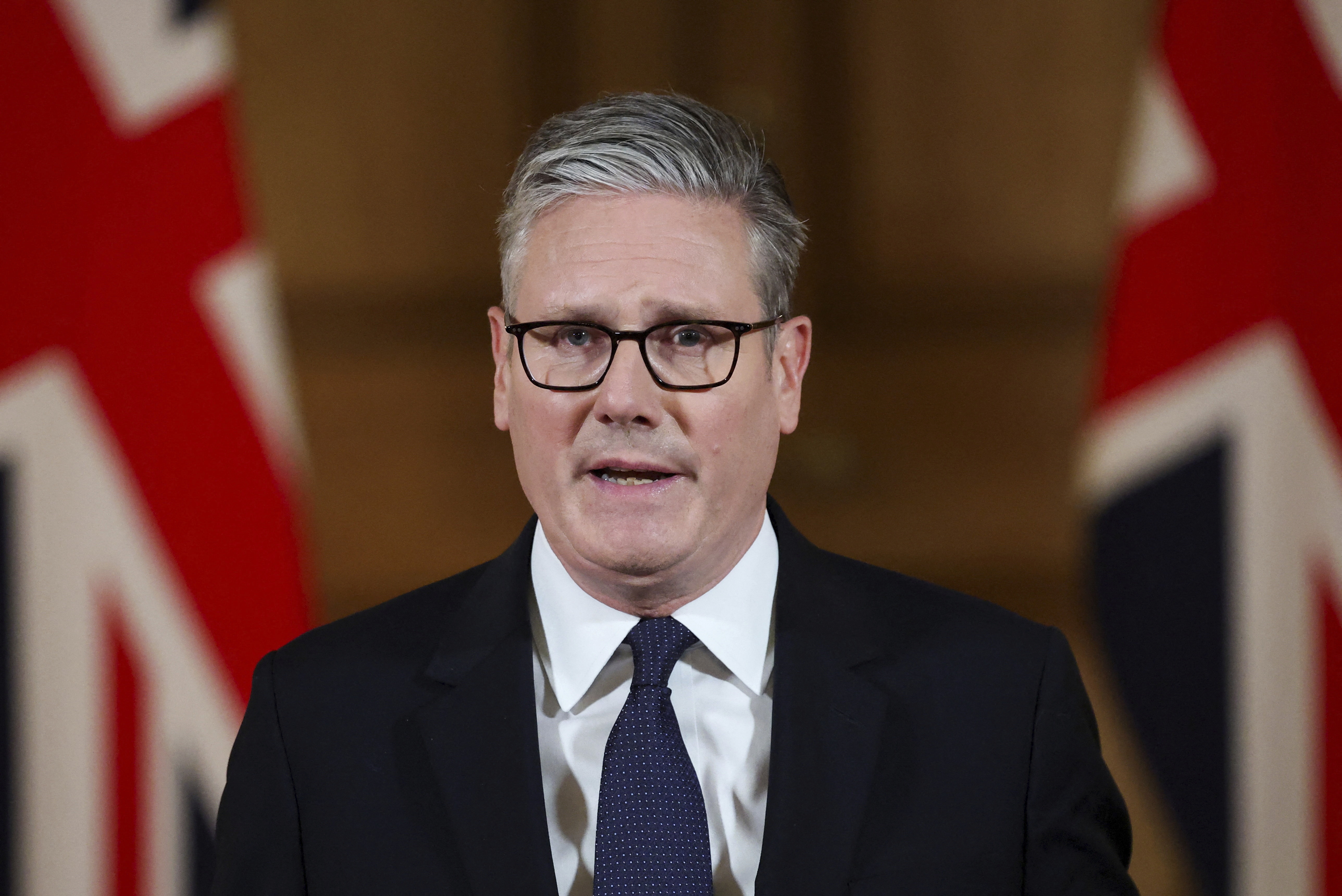 British Prime Minister Keir Starmer delivers a statement inside No. 10 Downing Street on the day the Cabinet was recalled to discuss the situation in Gaza, in London, Tuesday.