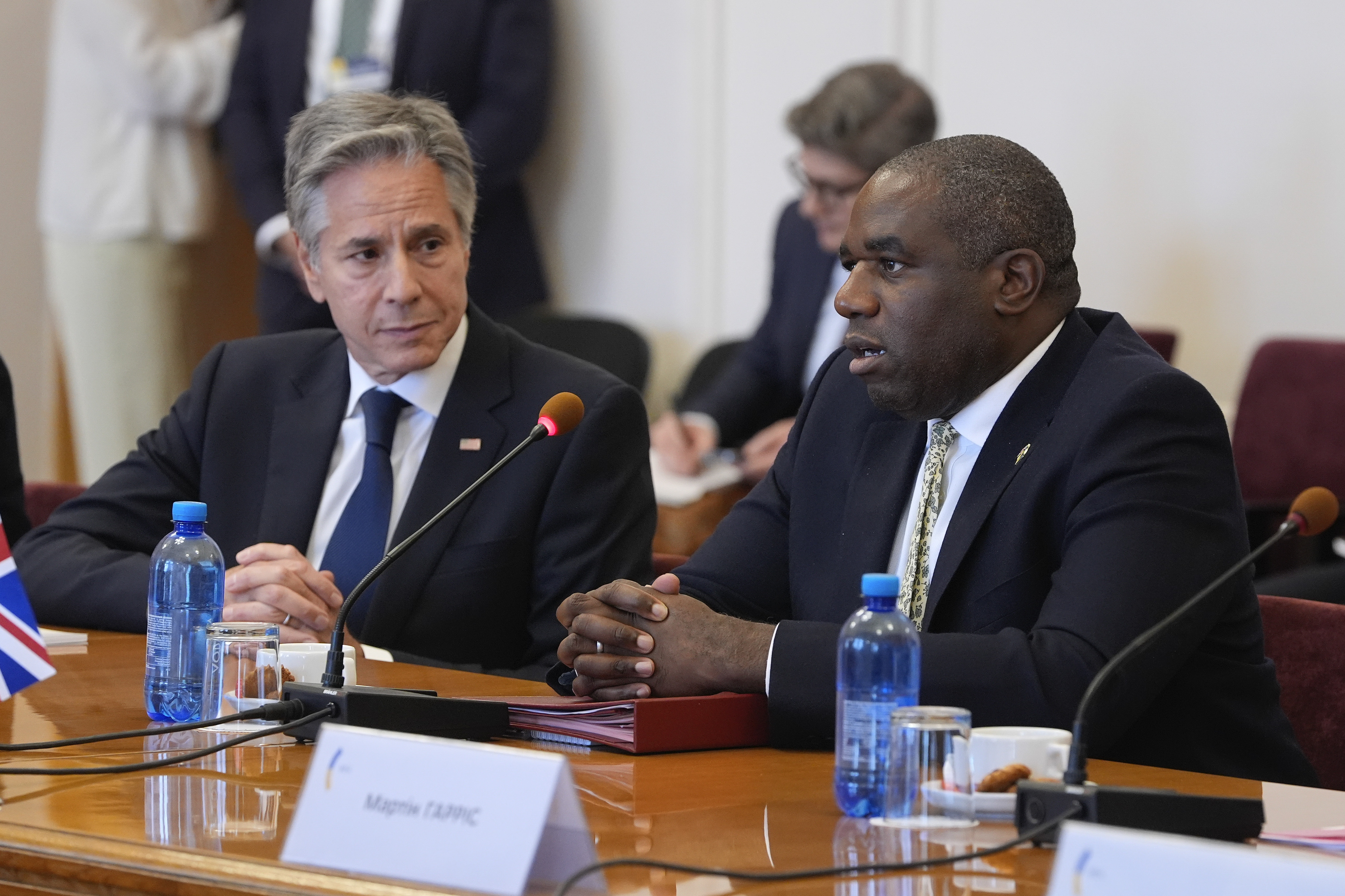 U.S. Secretary of State Antony Blinken and Britain's Foreign Secretary David Lammy meet with Ukraine's Foreign Minister Andrii Sybiha at the Ministry of Foreign Affairs in Kyiv, Ukraine, Wednesday.  (AP)