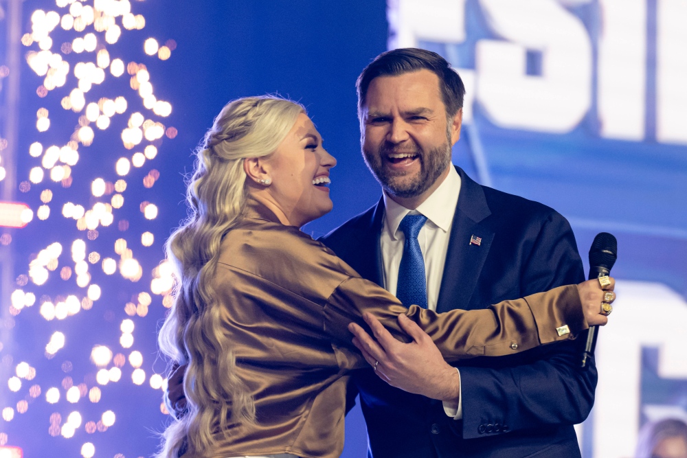Erika Kirk greets Vice President JD Vance during Turning Point USA's AmericaFest 2025, Sunday, Dec. 21, 2025, in Phoenix. (AP)